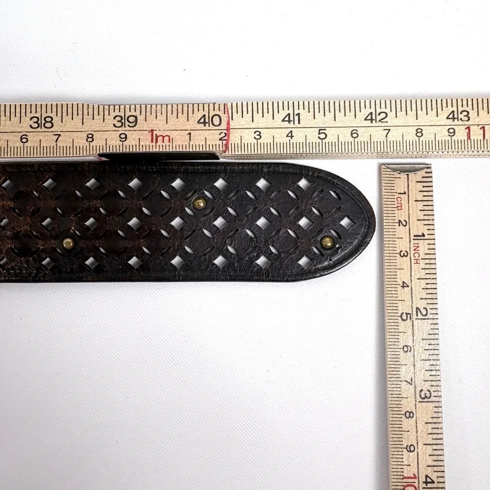 Gap Belt Dark Brown Leather Laser Cut‎ Studded Brass Buckle Wide Women L
